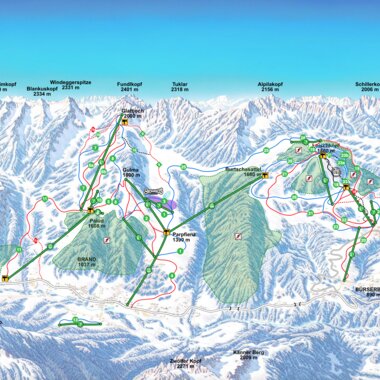 Pistenpanorama im Winter vom Skigebiet Bergbahnen Brandnertal. | © Intermaps