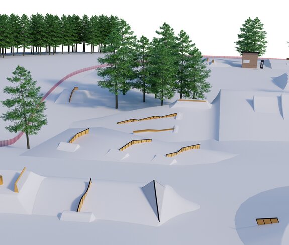 Das erste Rendering vom Backyards Snowpark beim Tannlegerlift. | © Backyards Snowpark, Bergbahnen Brandnertal