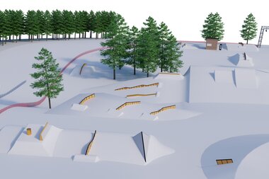 Das erste Rendering vom Backyards Snowpark beim Tannlegerlift. | © Backyards Snowpark, Bergbahnen Brandnertal