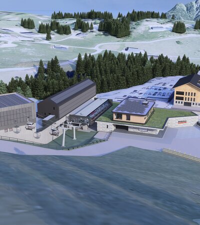 Die Talstation der Loischkopfbahn als Visualisierung von oben erfasst mit Blick zum Bürserberg. | © Melzer & Hopfner Ingenieurgesellschaft